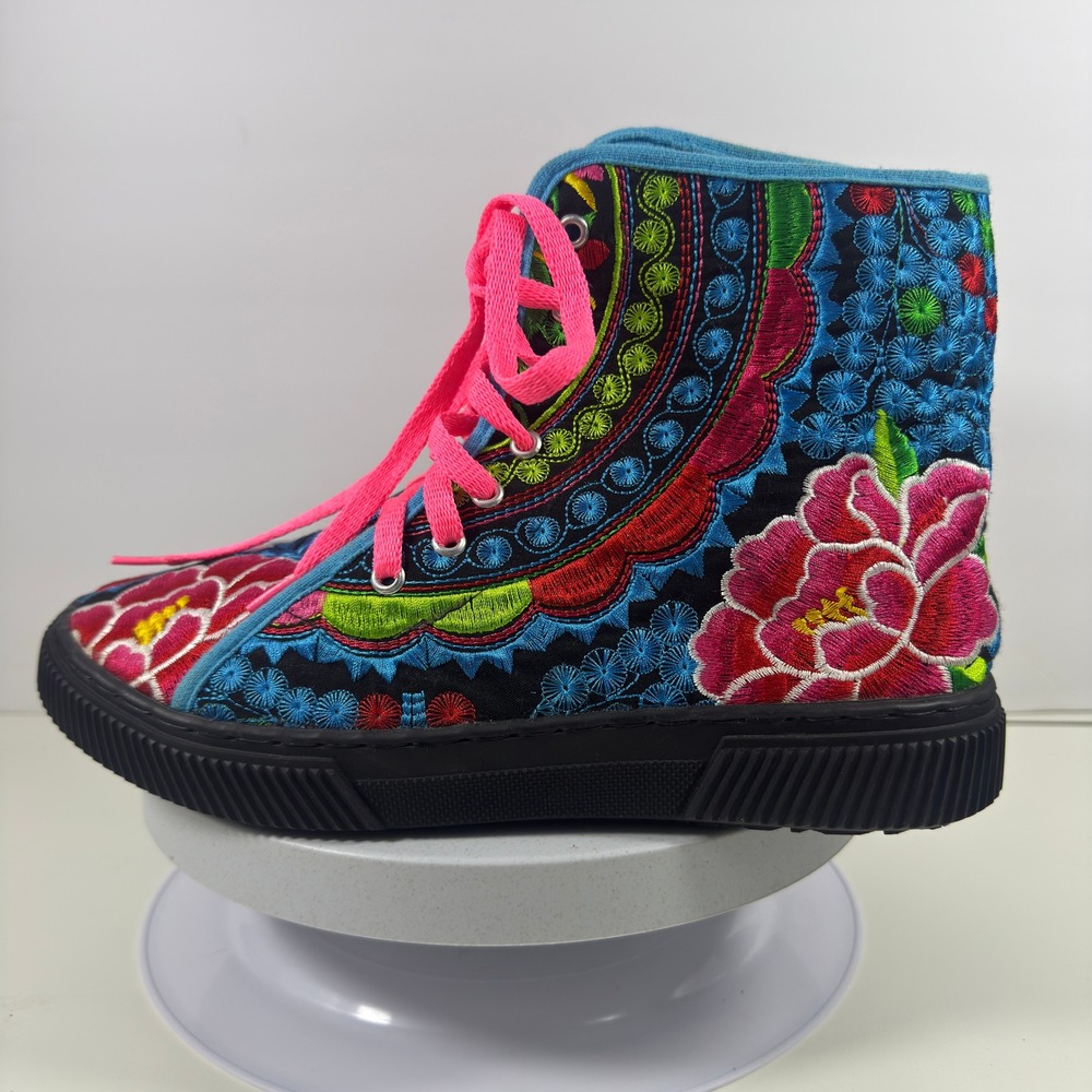 Women's Floral Embroidered High Top Boots Multicolor Lace Up Size 9.5 - Picture 3 of 13